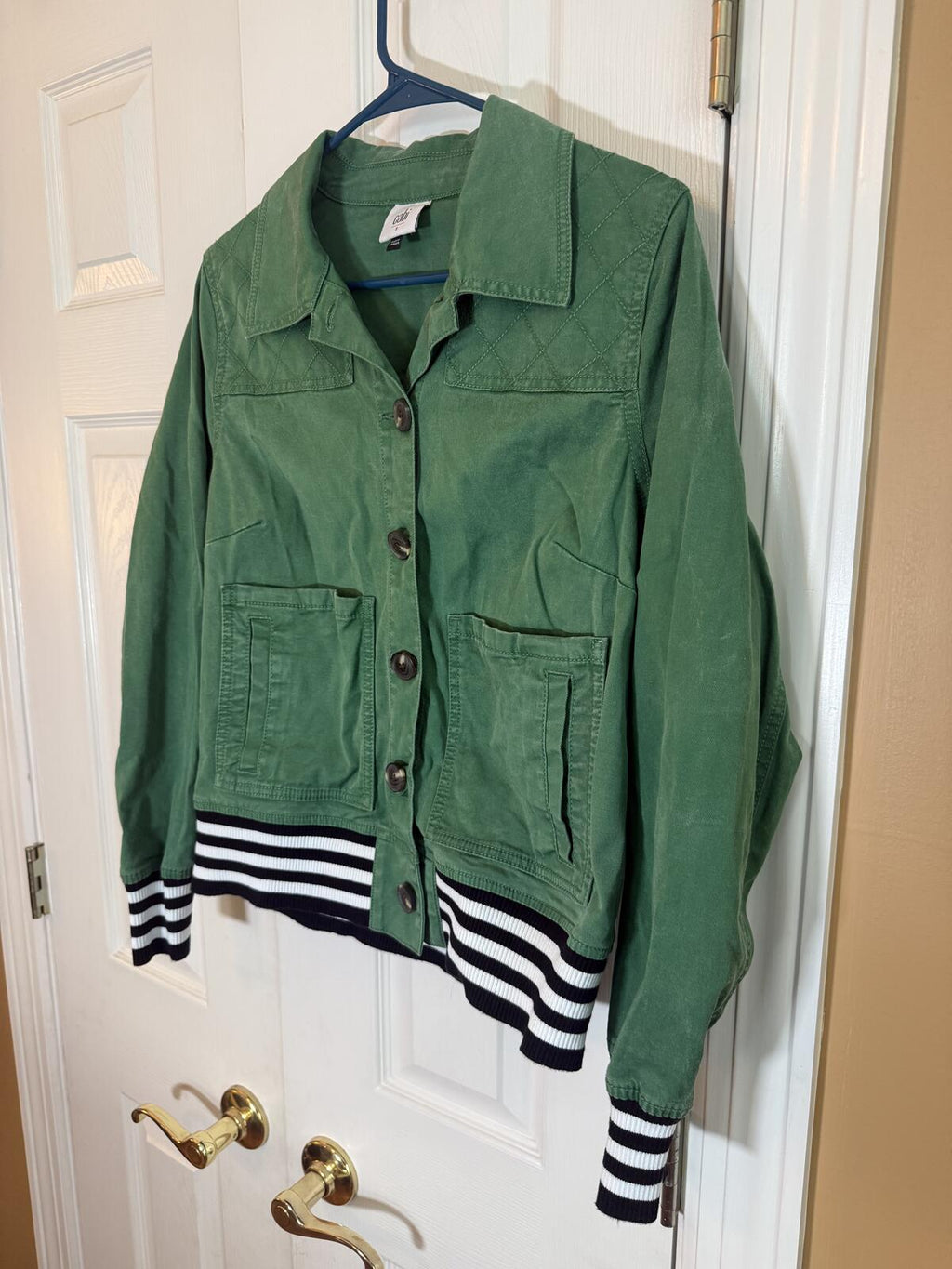 CAbi Green Utility Jacket with Striped Ribbed Cuffs Size S