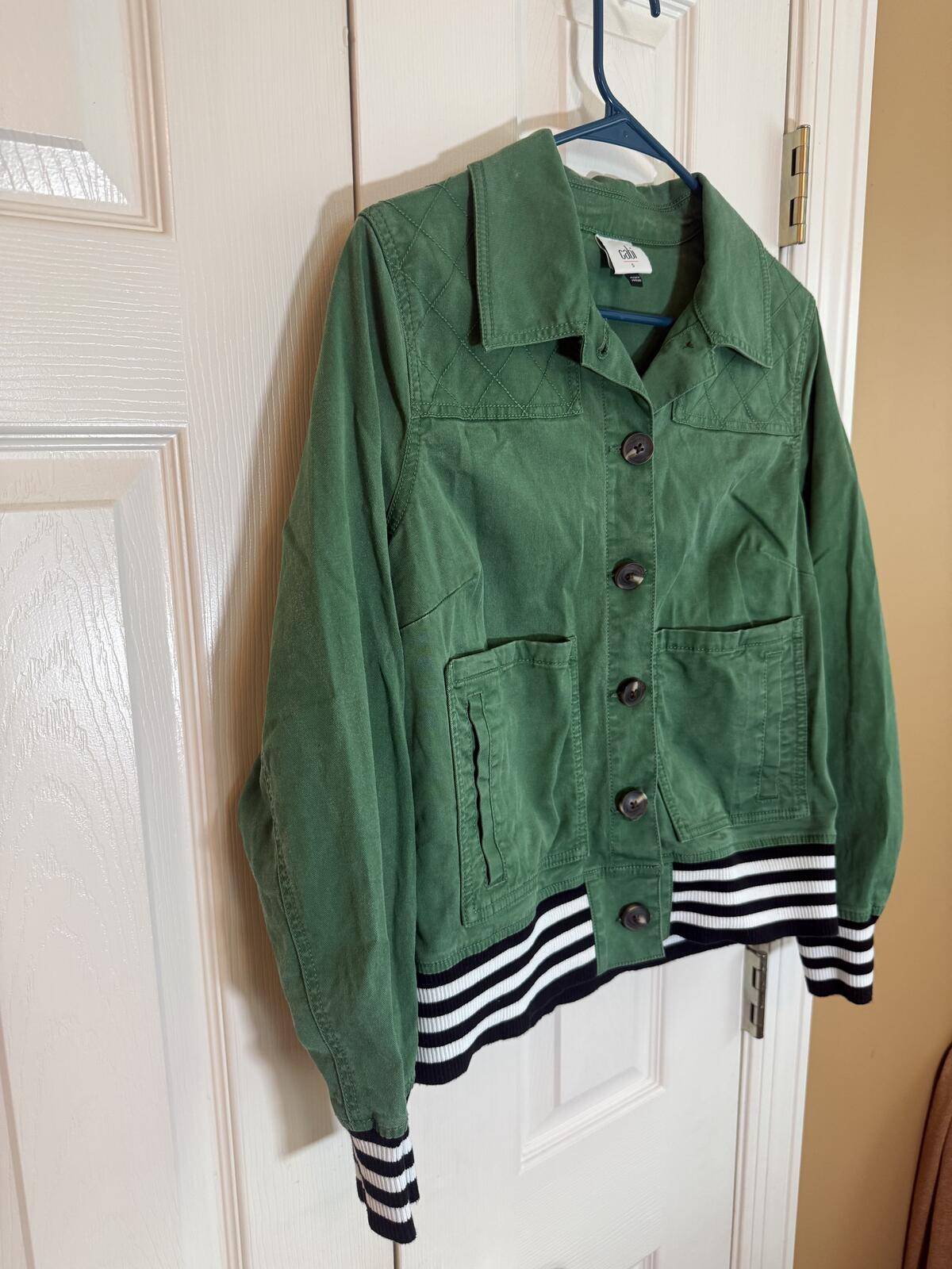 CAbi Green Utility Jacket with Striped Ribbed Cuffs Size S