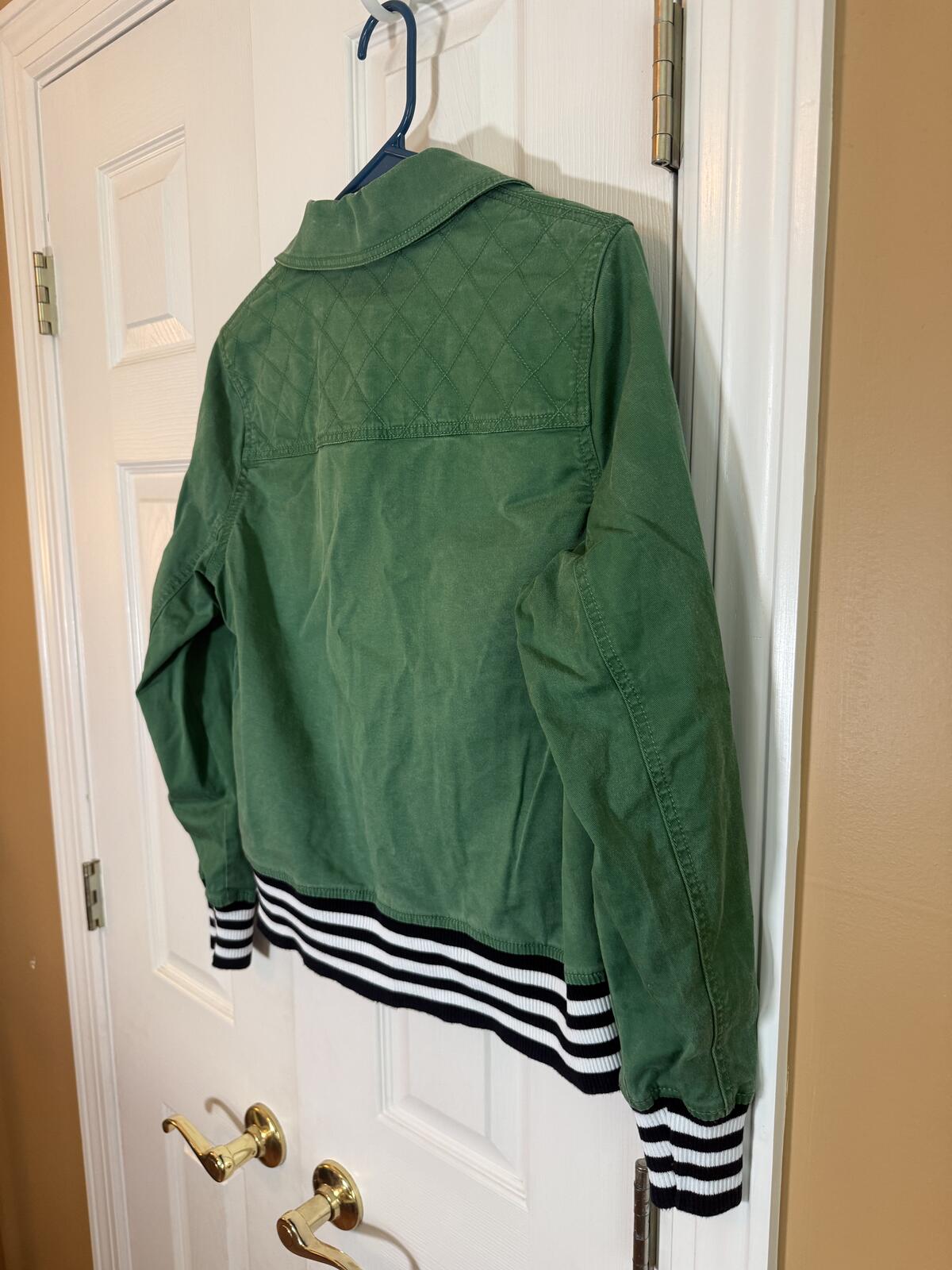 Anthropologie Green Utility Jacket with Striped Ribbed Cuffs