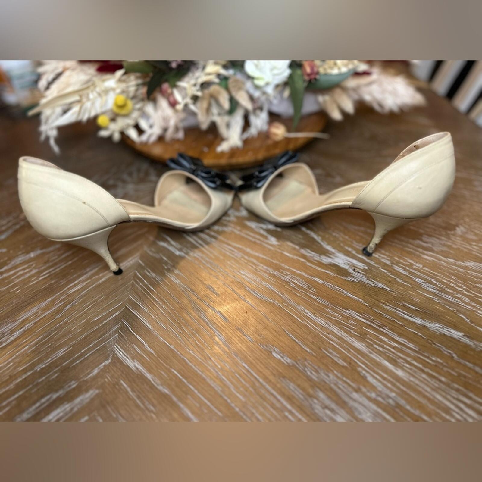 Valentino Garavani Nude Leather Open-Toe Pumps with Black Patent Bow