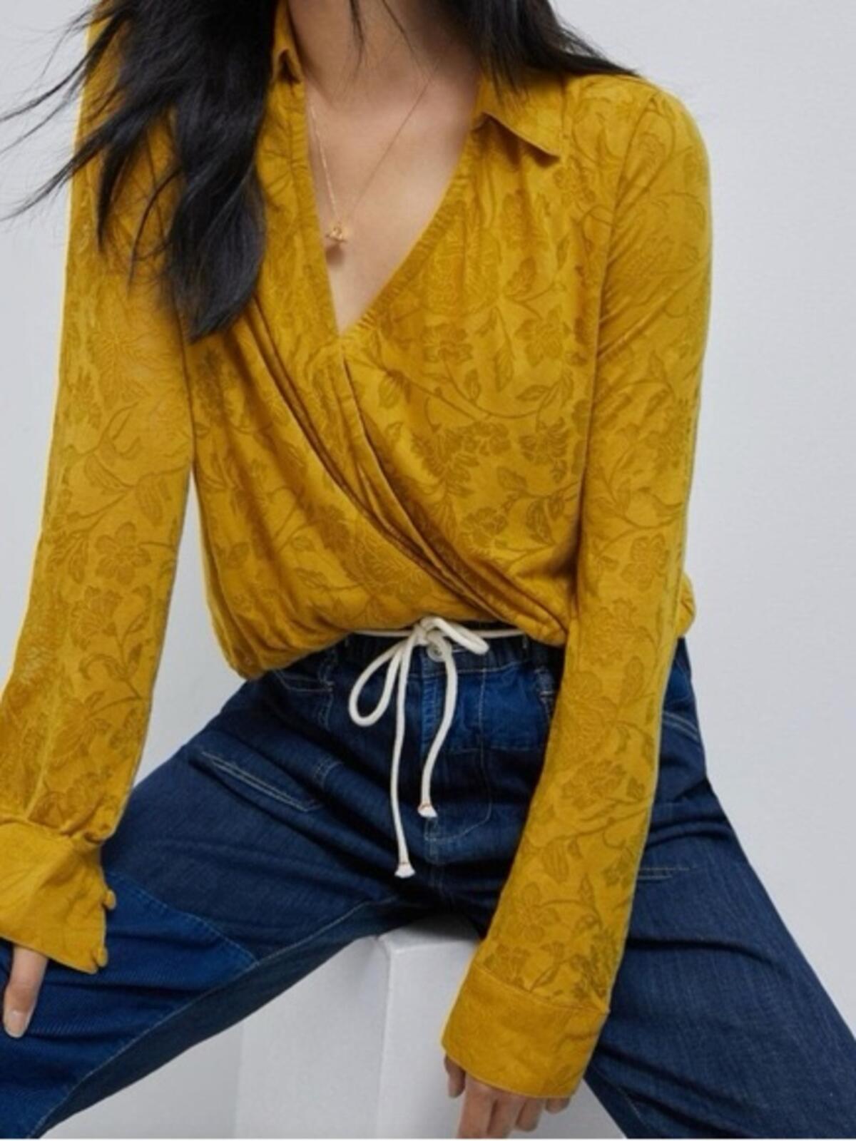 Anthropologie Mustard Floral Wrap Top