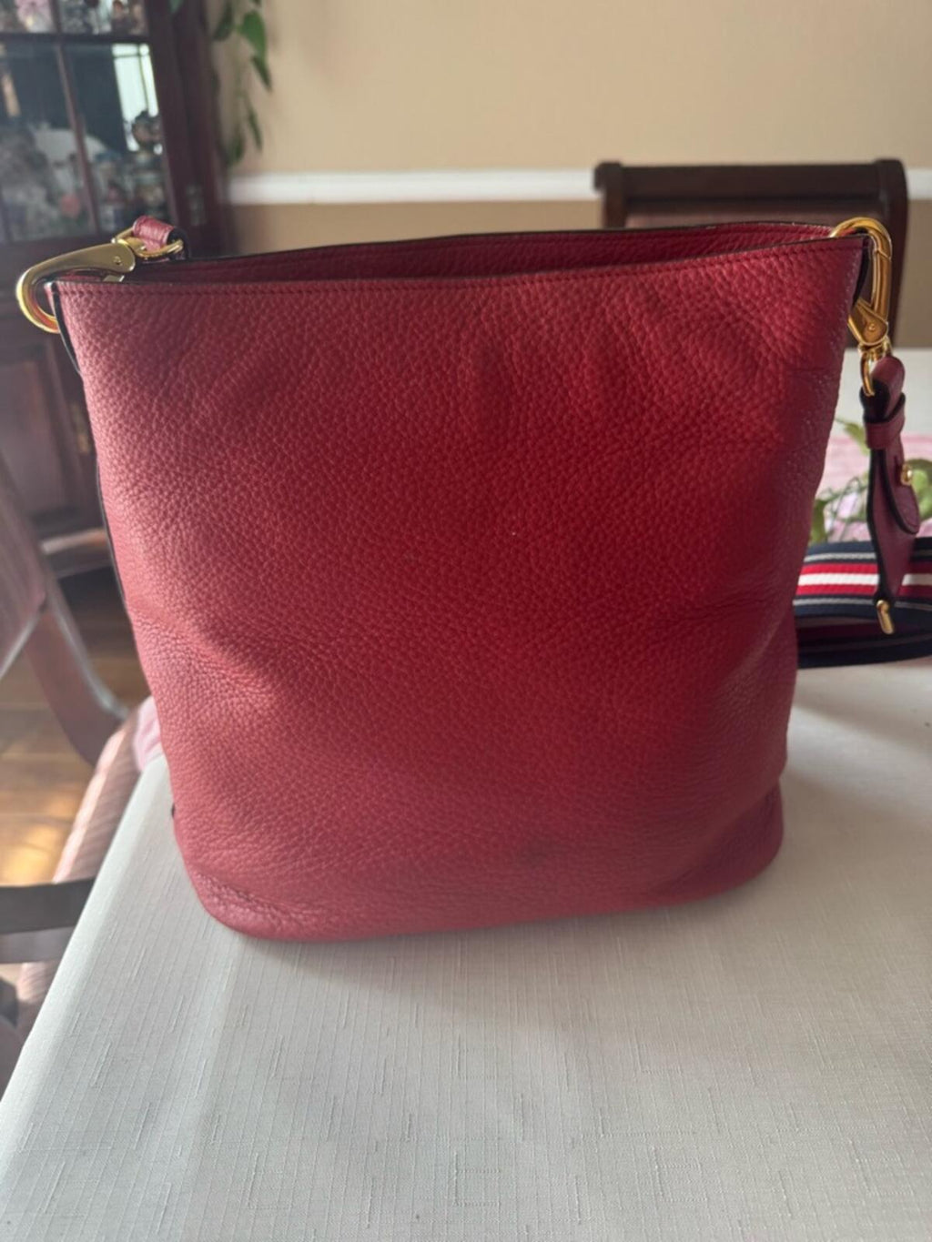Prada Red Pebbled Leather Shoulder Bag with Striped Strap