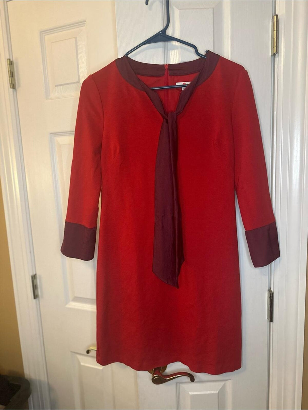 Boden Two-Tone Red Bow-Neck Long-Sleeve Dress