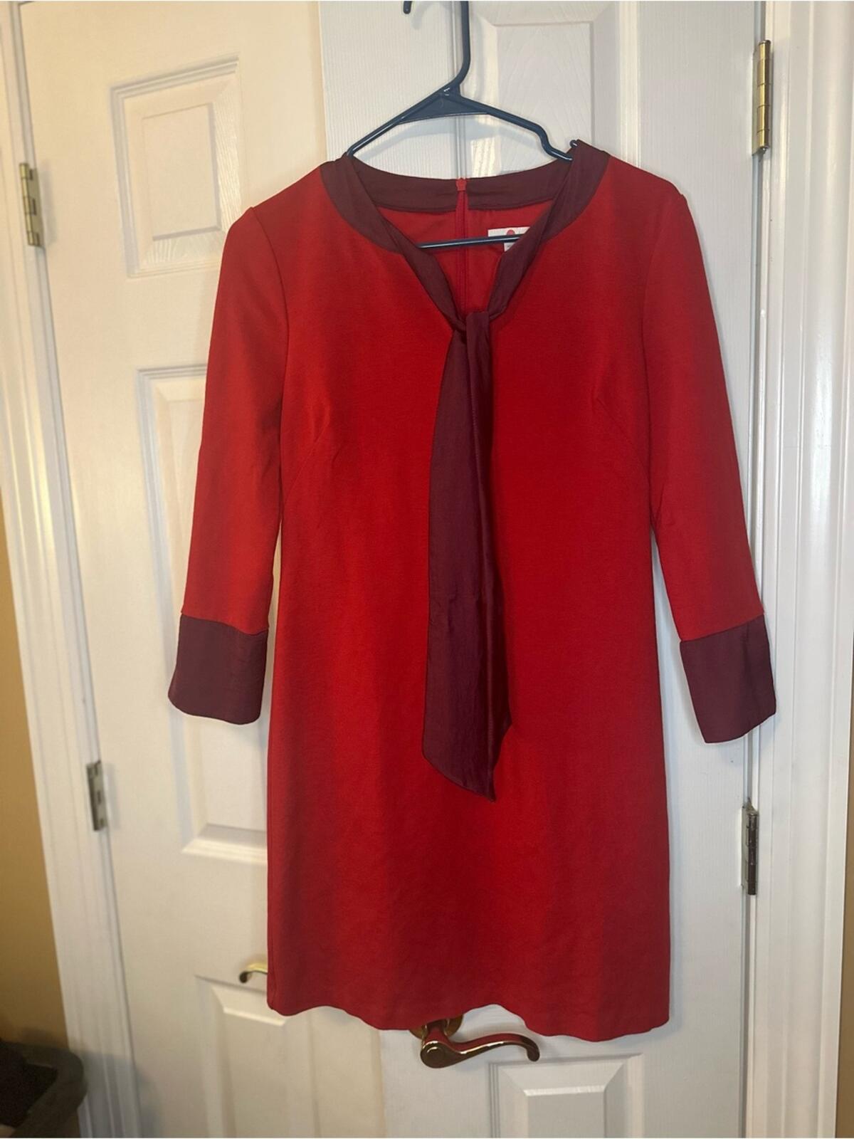 Boden Two-Tone Red Bow-Neck Long-Sleeve Dress