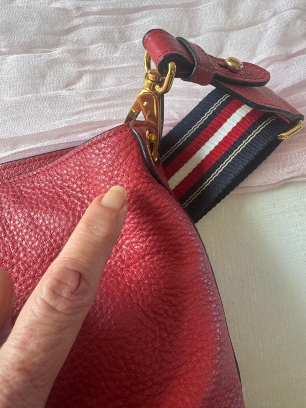 Prada Red Pebbled Leather Shoulder Bag with Striped Strap
